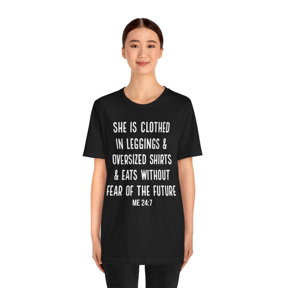 She is Clothed in Leggings And Oversized Shirts - Funny Proverbs Shirt - Women’s Thanksgiving eating T-shirt - Image 2