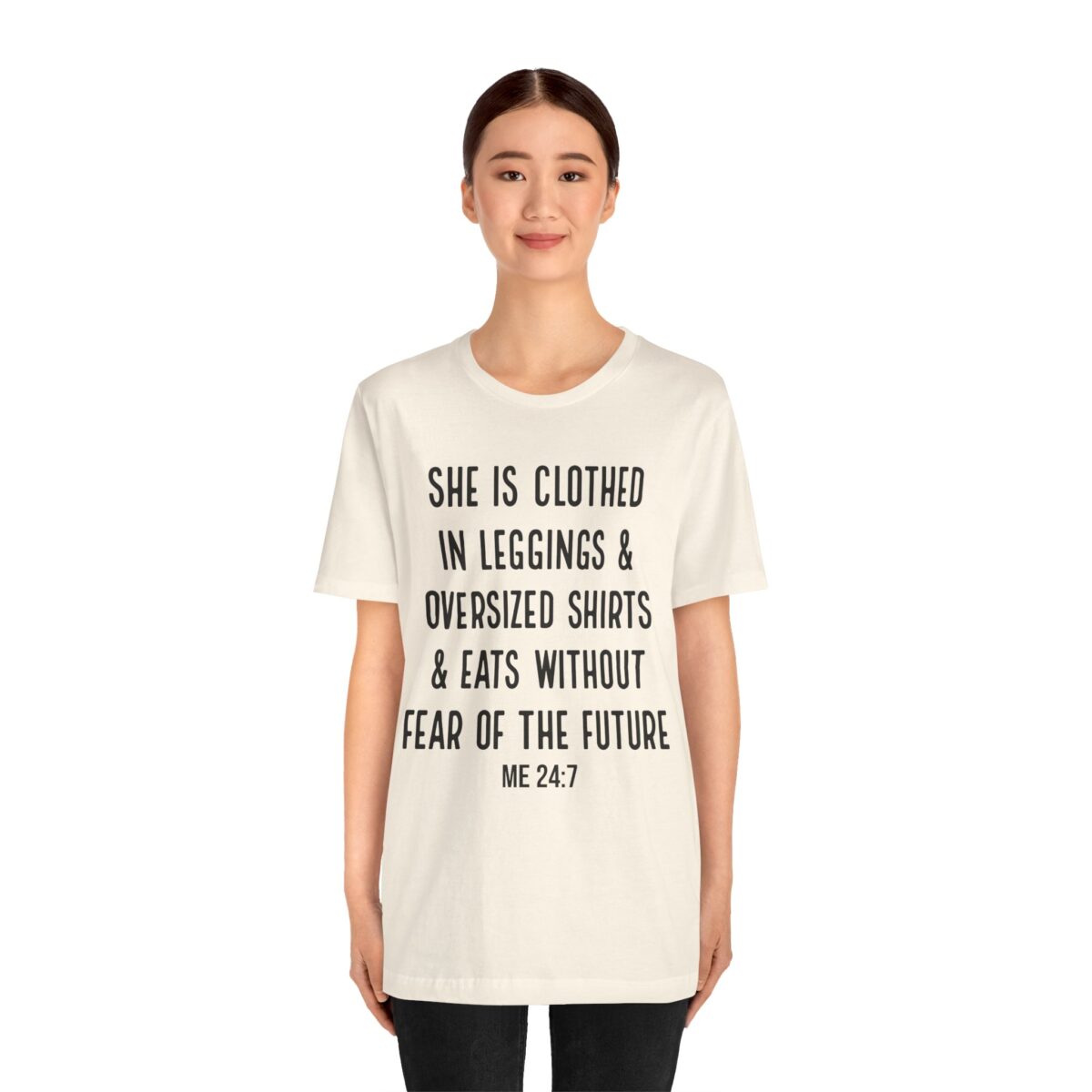 She is Clothed in Leggings And Oversized Shirts - Funny Proverbs Shirt - Women’s Thanksgiving eating T-shirt - Image 6