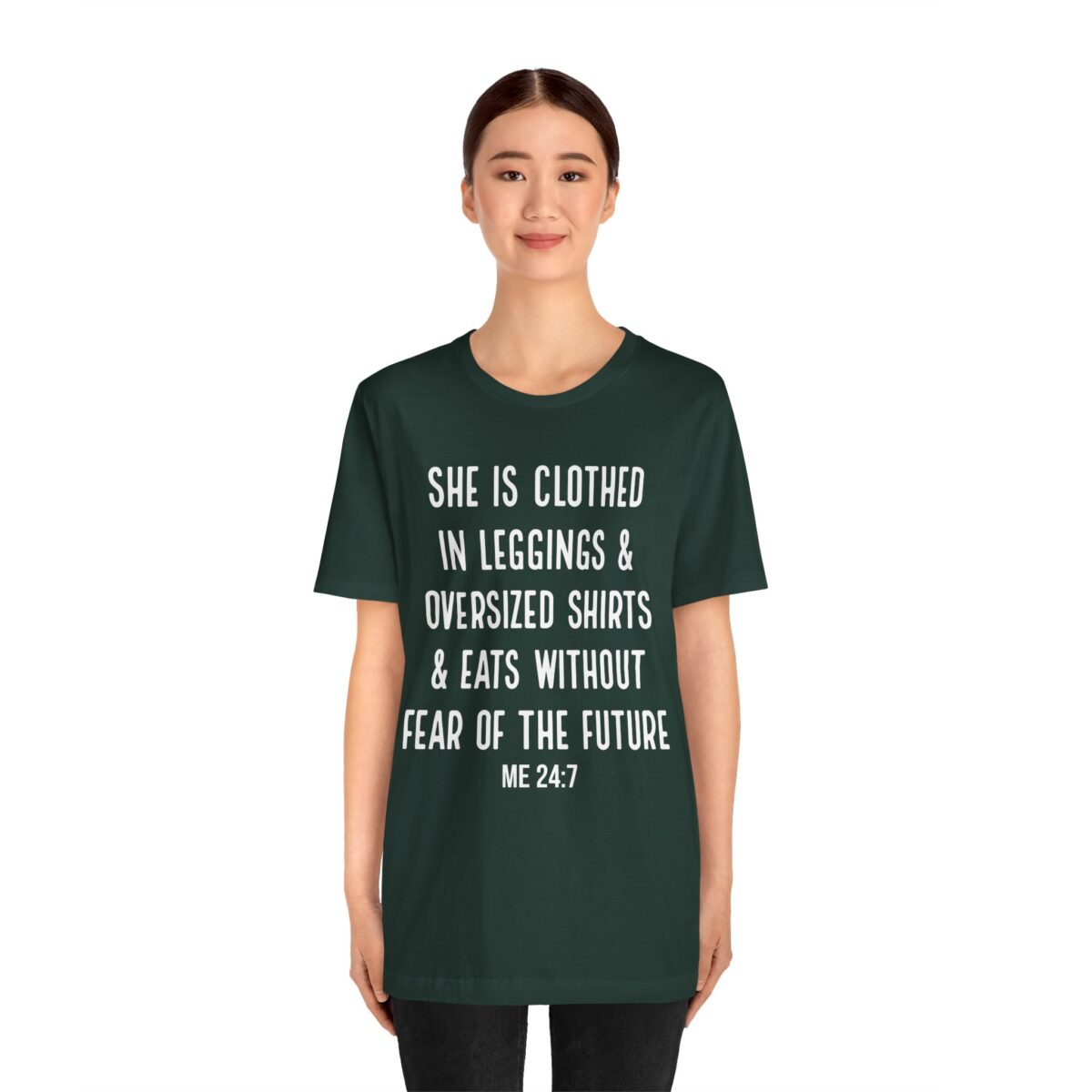 She is Clothed in Leggings And Oversized Shirts - Funny Proverbs Shirt - Women’s Thanksgiving eating T-shirt - Image 8