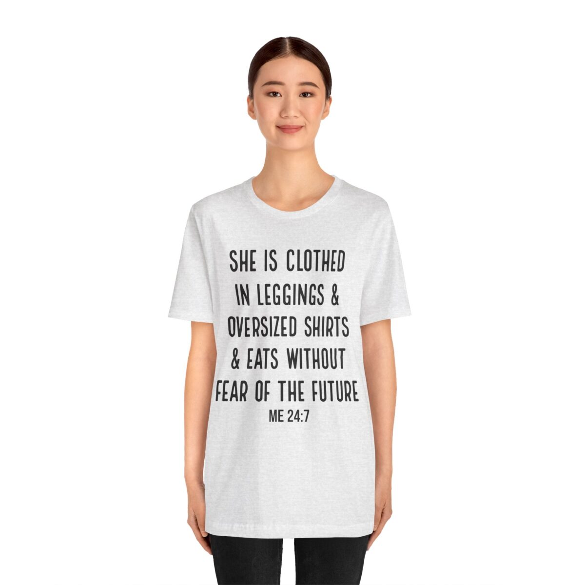 She is Clothed in Leggings And Oversized Shirts - Funny Proverbs Shirt - Women’s Thanksgiving eating T-shirt - Image 4