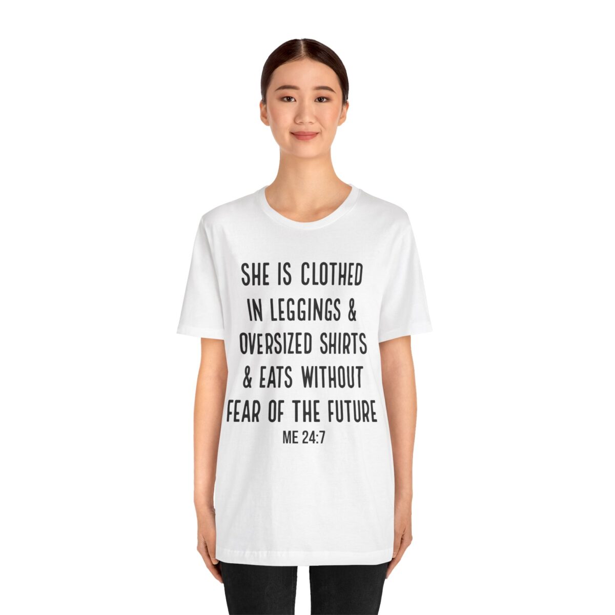 She is Clothed in Leggings And Oversized Shirts - Funny Proverbs Shirt - Women’s Thanksgiving eating T-shirt - Image 3