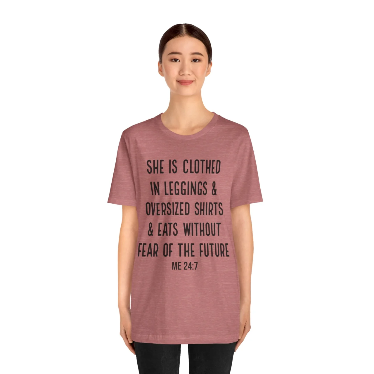 She is Clothed in Leggings And Oversized Shirts - Funny Proverbs Shirt - Women’s Thanksgiving eating T-shirt - Image 5