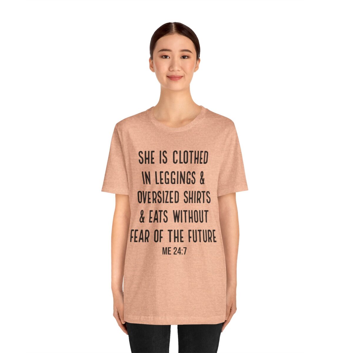 She is Clothed in Leggings And Oversized Shirts - Funny Proverbs Shirt - Women’s Thanksgiving eating T-shirt - Image 7