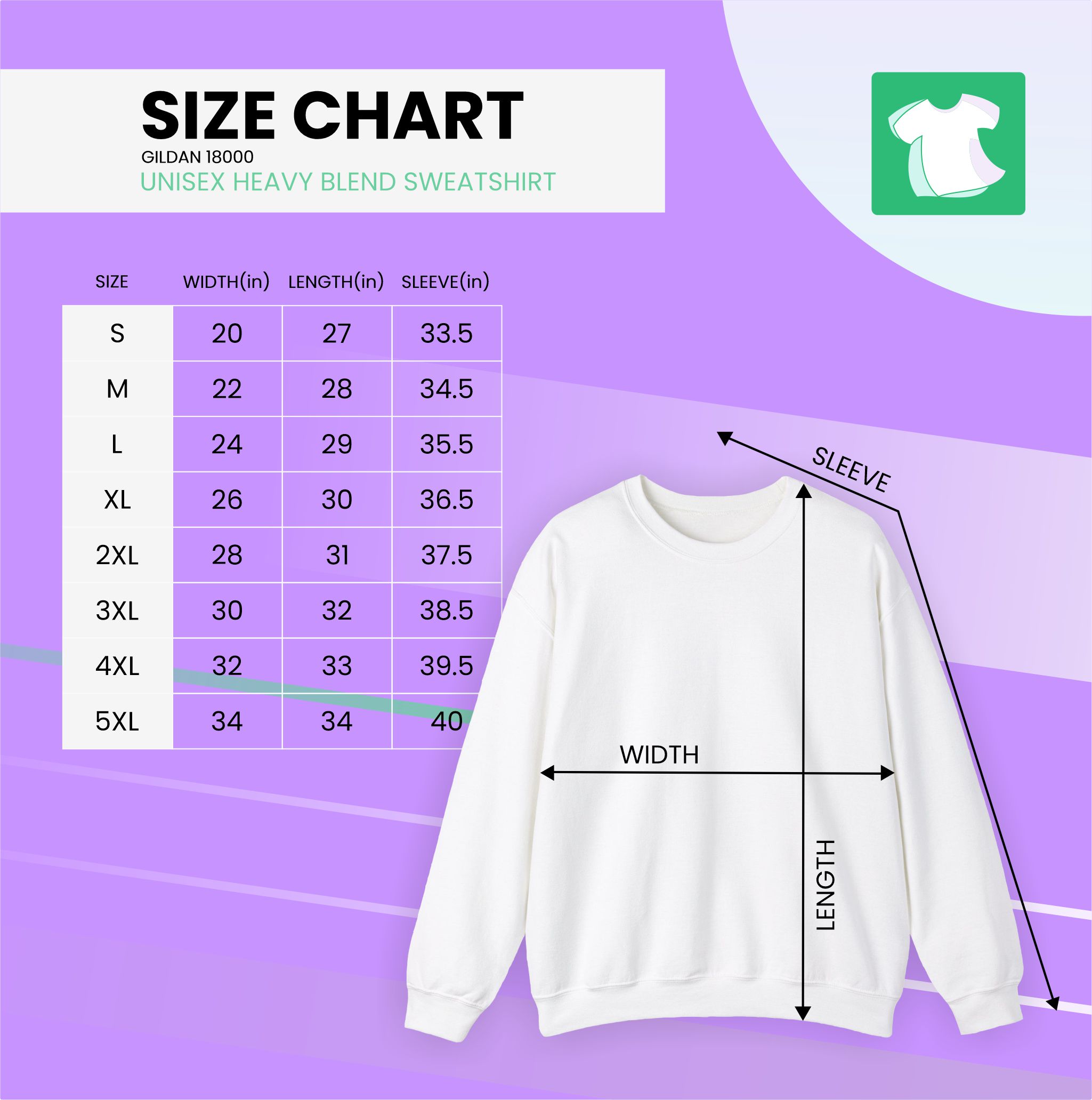 TeesLanding Gildan 18000 Sweatshirt Size Guide Purple Dark
