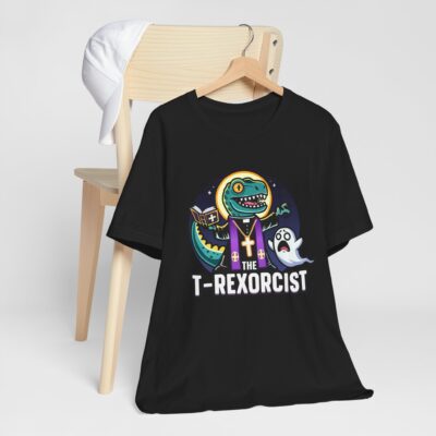 The T-Rexorcist Funny T-Shirt - Halloween T-Rex Priest Tee - Dino Humor Funny Unisex Short Sleeve Shirt