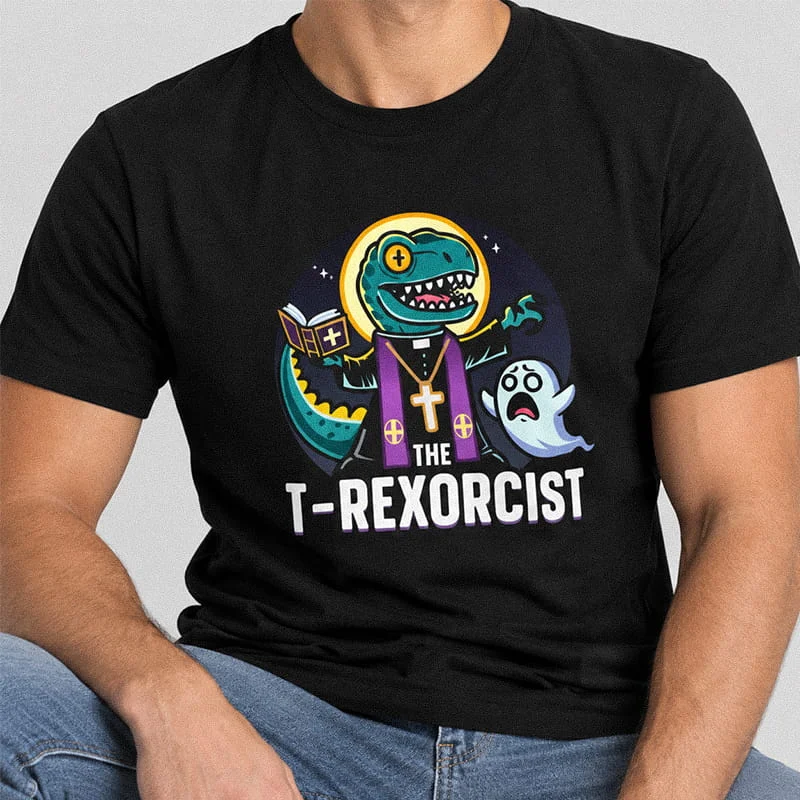 The T-Rexorcist Funny T-Shirt - Halloween T-Rex Priest Tee - Dino Humor Funny Unisex Short Sleeve Shirt