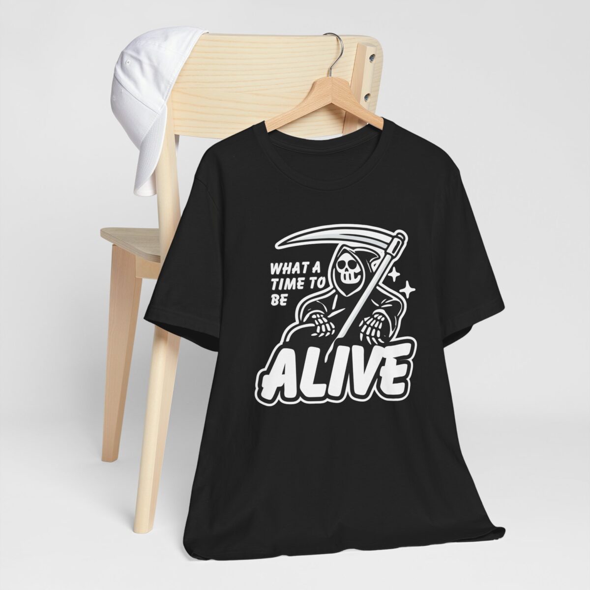 What a Time to Be Alive T-Shirt - Funny Grim Reaper with Scythe Tee - Dark Humor Sarcastic Shirt - Spooky Skeleton Gothic Tee