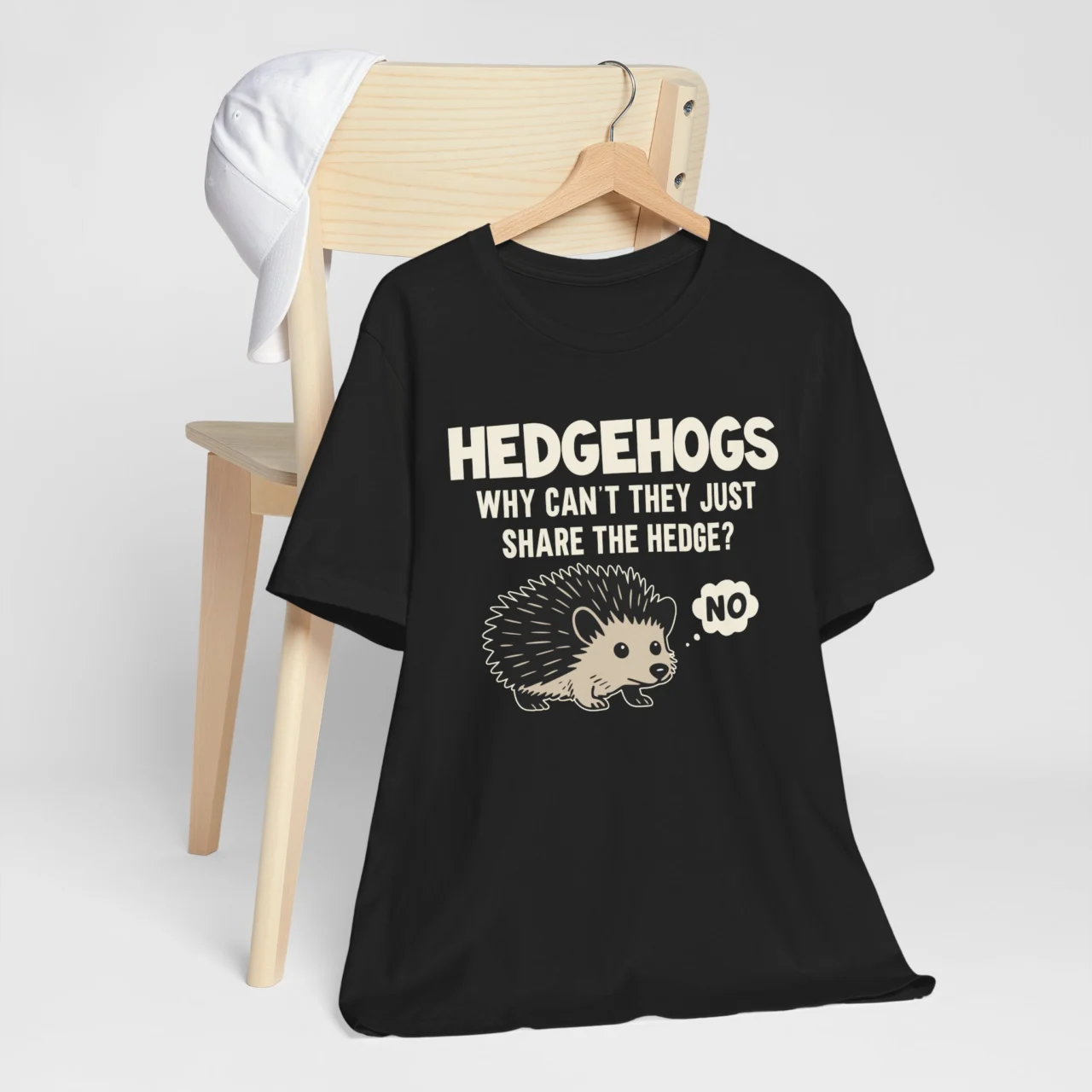 Funny Hedgehogs Why Cant They Just Share the Hedge Shirt with “Why Can’t They Just Share the Hedge” phrase, casual animal lover humor shirt.
