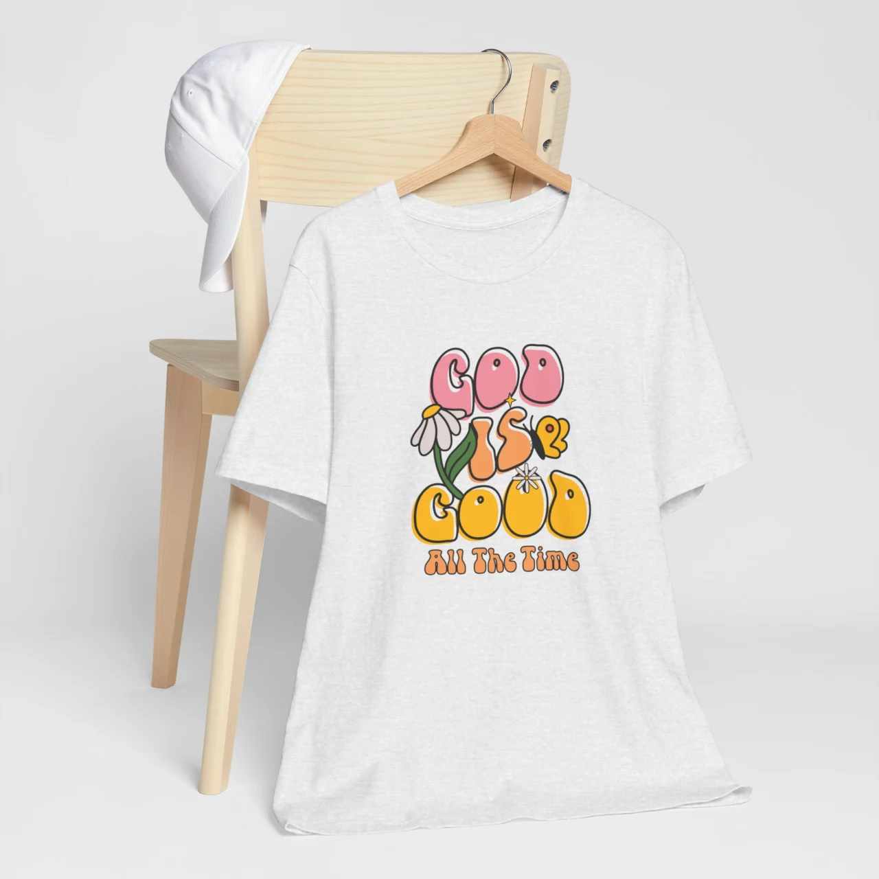 Retro groovy Christian t-shirt with God Is Good All the Time shirt faith quote.