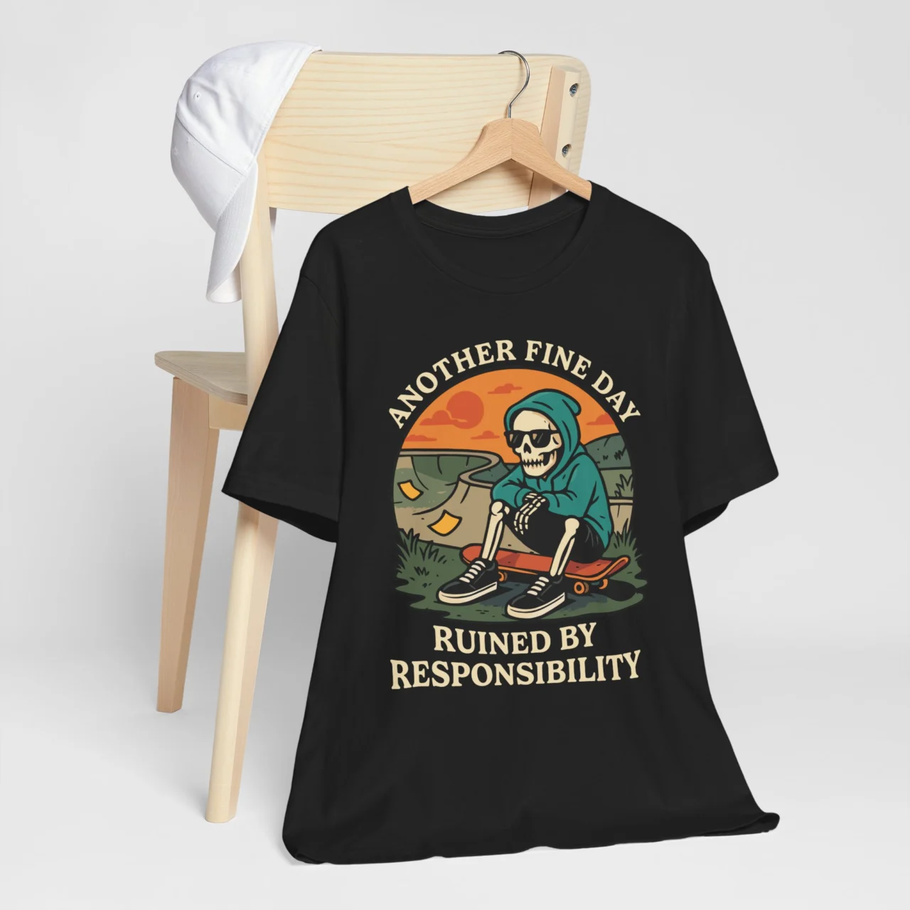 Funny Another Day Ruined by Responsibility T-Shirt with skull graphic, sarcastic casual humor shirt.