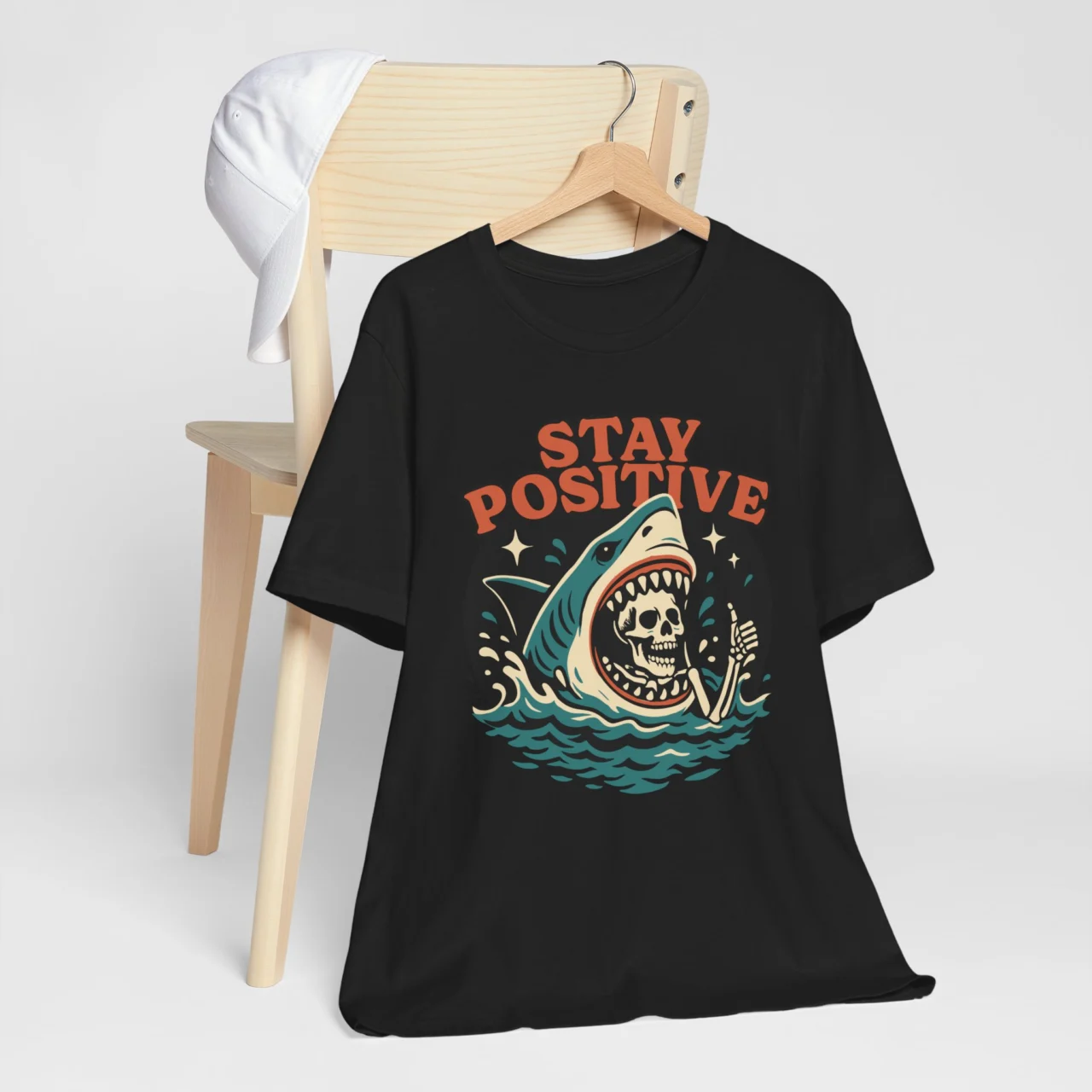 Stay Positive Funny Shark T-Shirt - Shark Attack Graphic Tee - retro comic graphic t-shirt.