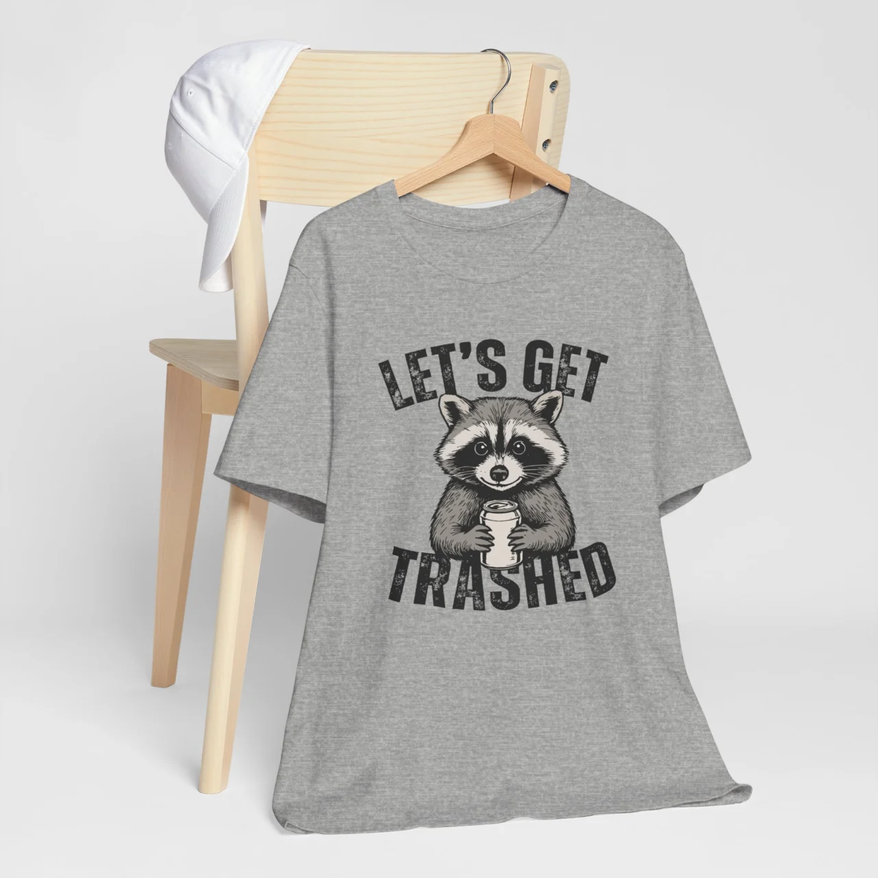 Funny raccoon drinking t-shirt with Lets Get Trashed shirt phrase, casual party humor shirt.
