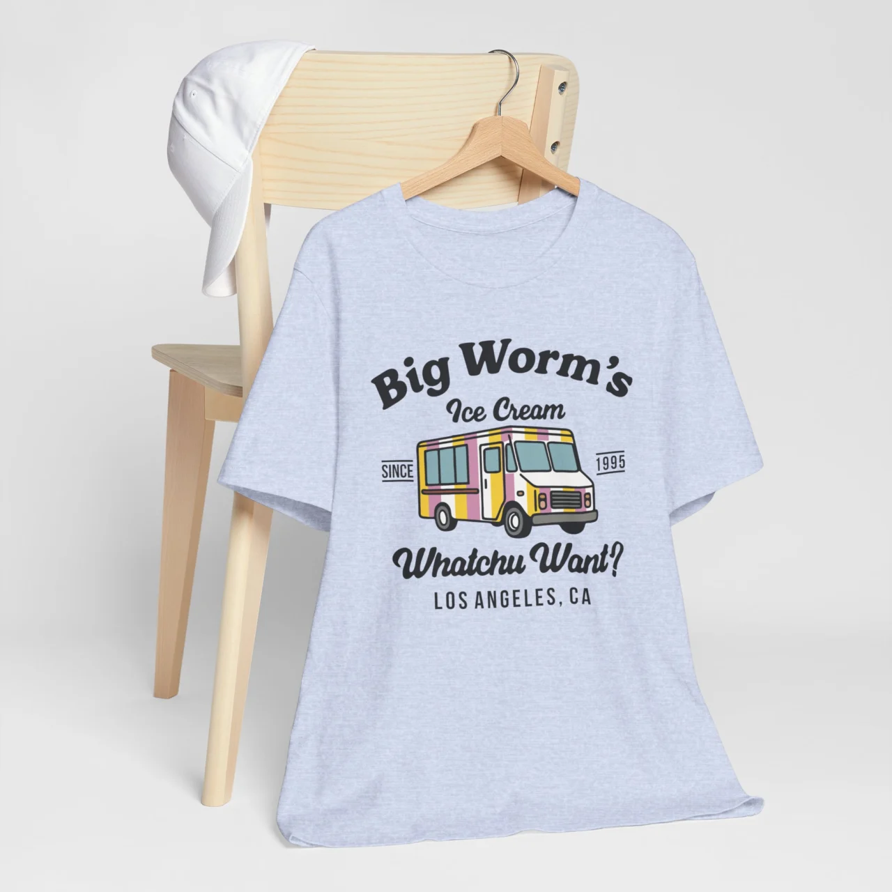 Funny movie-inspired t-shirt with Big Worms Ice Cream t-shirt design, casual summer humor shirt