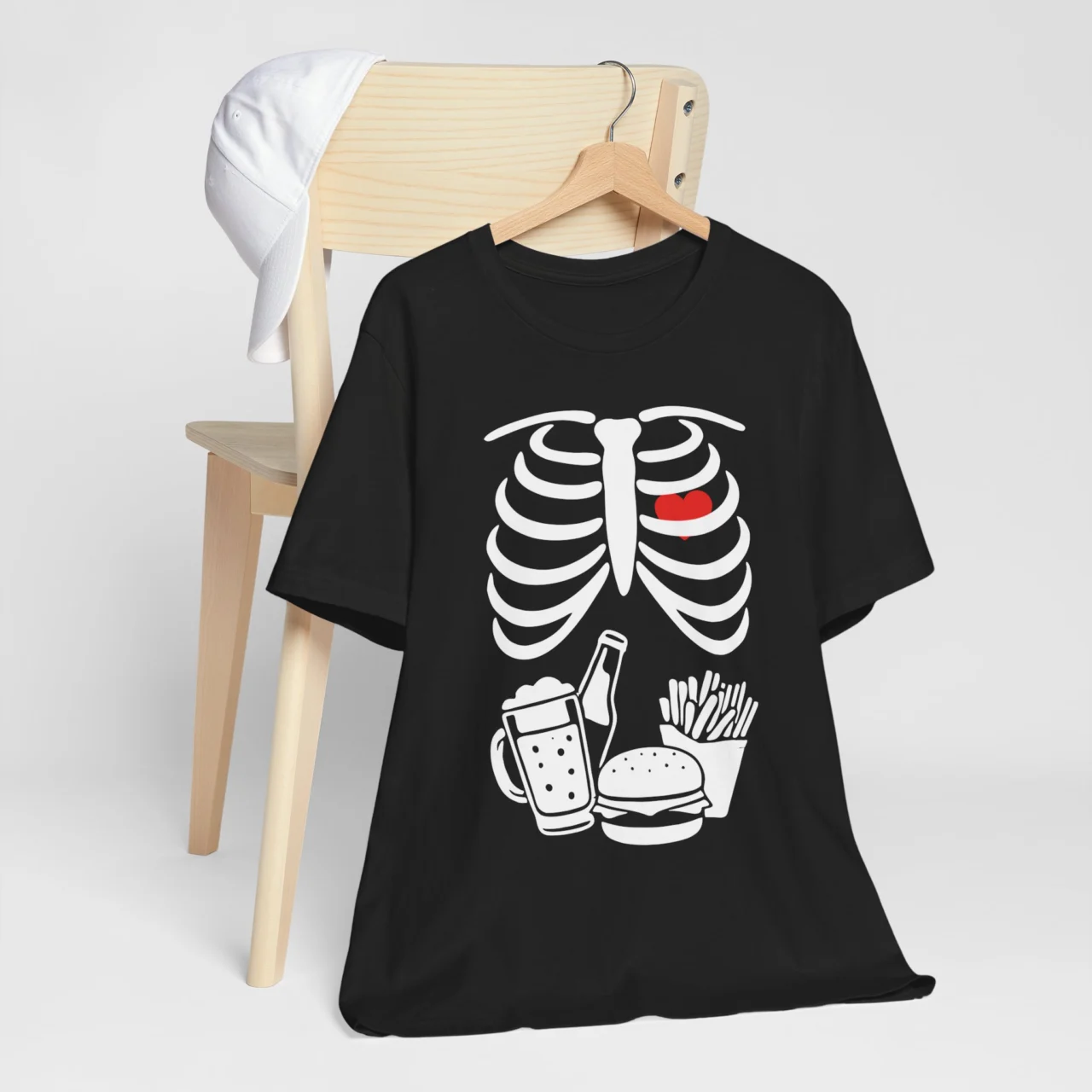 Matching Halloween Pregnancy Announcement Shirt For Him - Skeleton Couples T-Shirt - Husband Edition - Funny Food Skeleton Tee with Burger, Fries & Beer, Halloween Dad Shirt