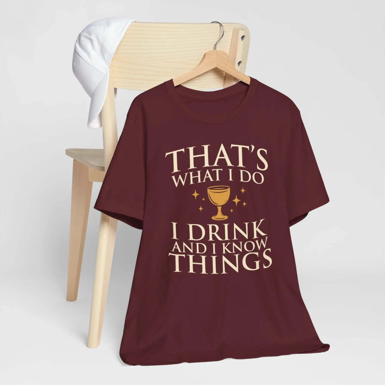 Funny movie-inspired t-shirt with Thats What I Do I Drink and I Know Things Shirt phrase, casual drinking humor shirt.