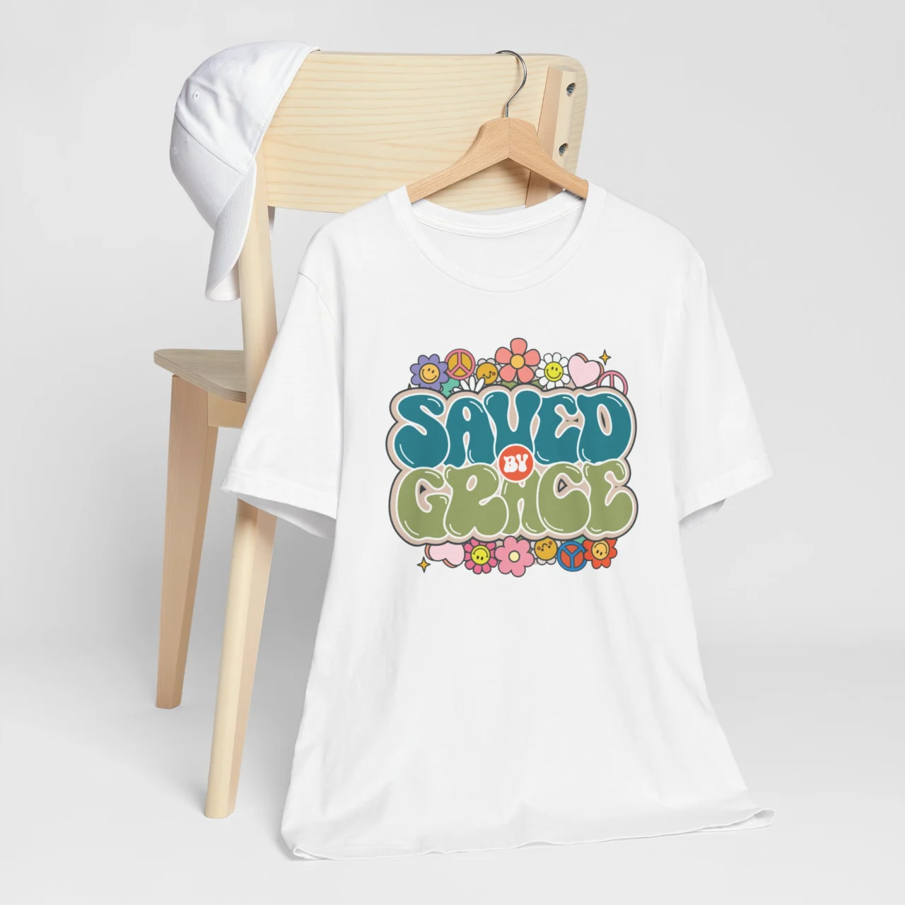 Saved by Grace T-Shirt - Christian Groovy Tee - Christian faith t-shirt with floral design.