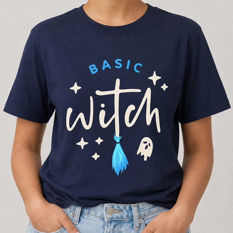 Woman wearing a navy blue Basic Witch Shirt - Funny Halloween Witch Tee featuring stylized typography, a blue broom, stars, and a ghost for a cute Halloween tee