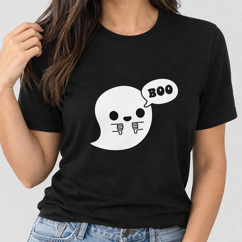 Woman wearing a black Boo Ghost of Disapproval T-Shirt - Funny Chunky Ghost Graphic Tee featuring a cute ghost pointing its thumbs down