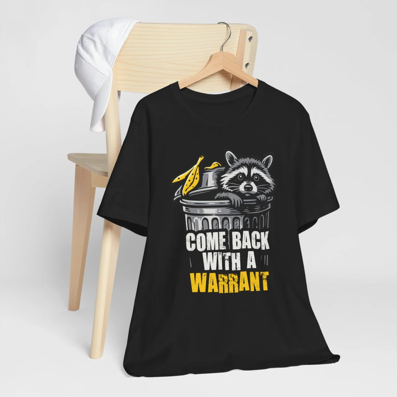 Come Back With A Warrant Raccoon Graphic Tee, funny trash panda in Trash Can shirt in Black