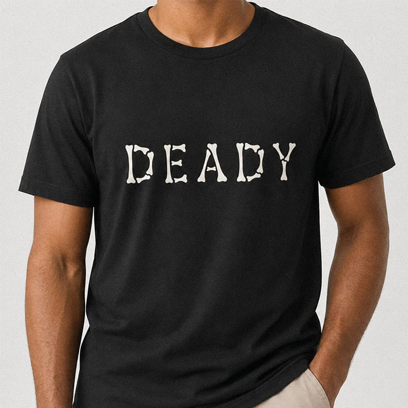 Man wearing a black funny Deady Halloween Dad Shirt - Fun Family Matching Dad Tee featuring the word Deady spelled out in skeleton bone lettering