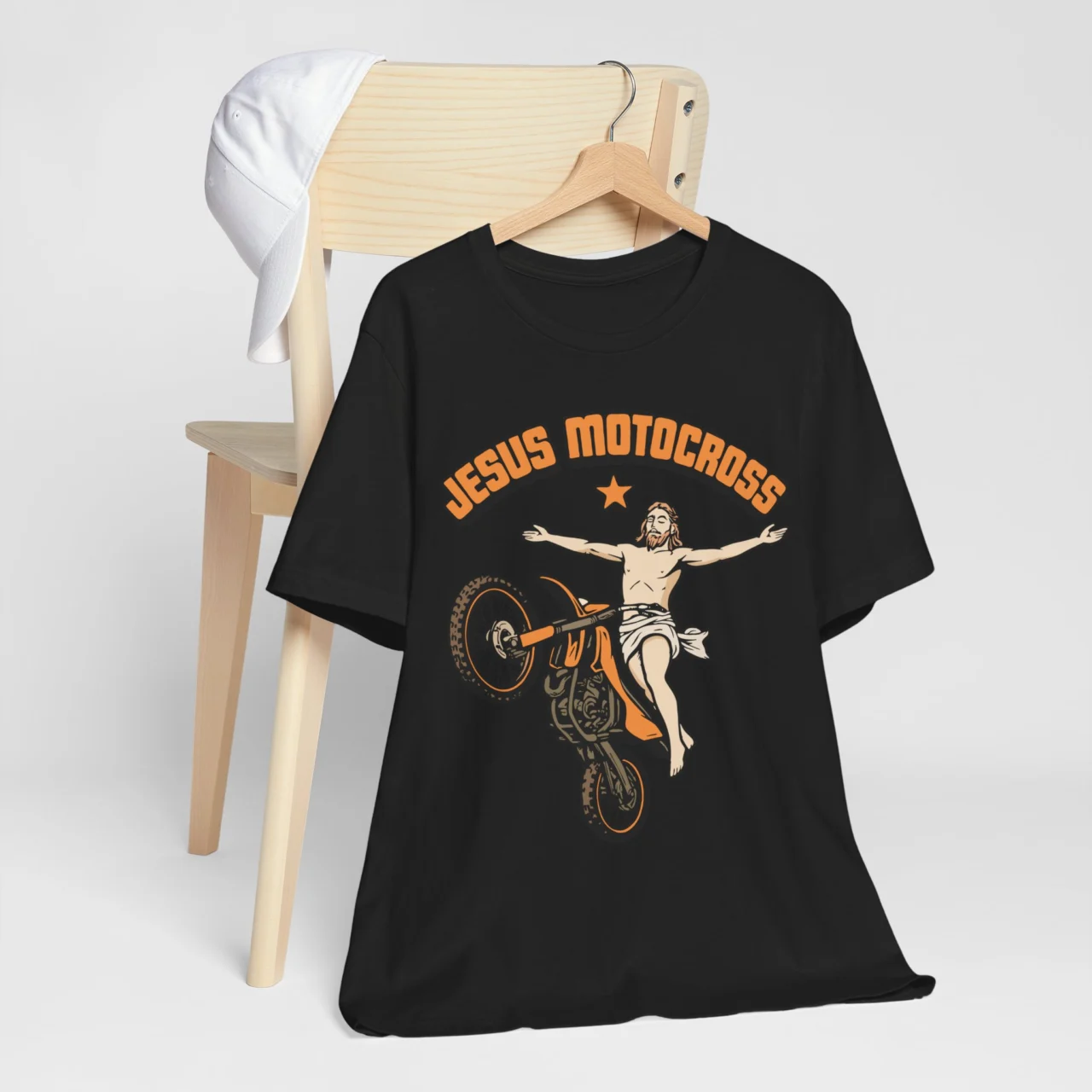 Jesus Motocross Funny Christian Dirt Bike Tee in Black with Orange Design