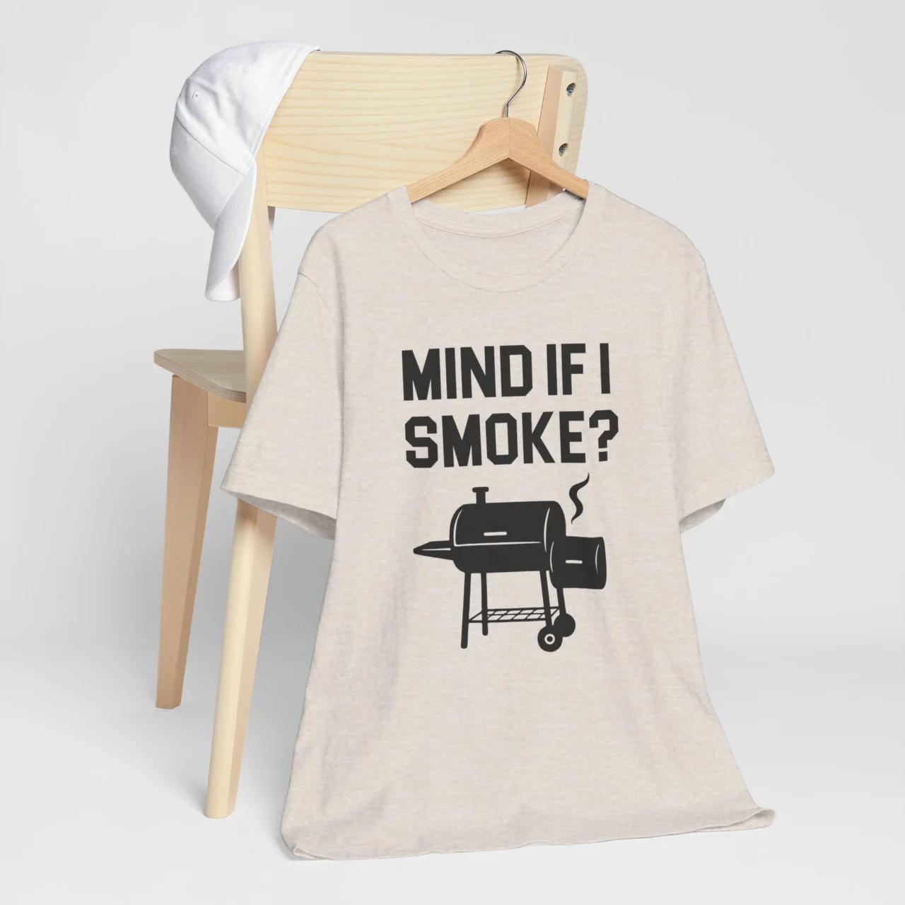 Mind If I Smoke Funny BBQ Pitmaster Graphic Tee in Heather Natural with Smoker Grill Design