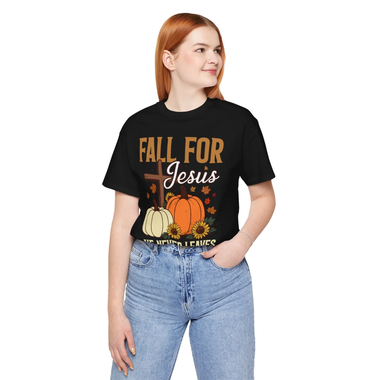 Fall For Jesus He Never Leaves Christian Shirt - Funny Fall Tee, Faith-Based Thanksgiving Shirt, Bible Verse T-Shirt, Mens Womens Unisex Soft Crewneck Graphic Top Shirt