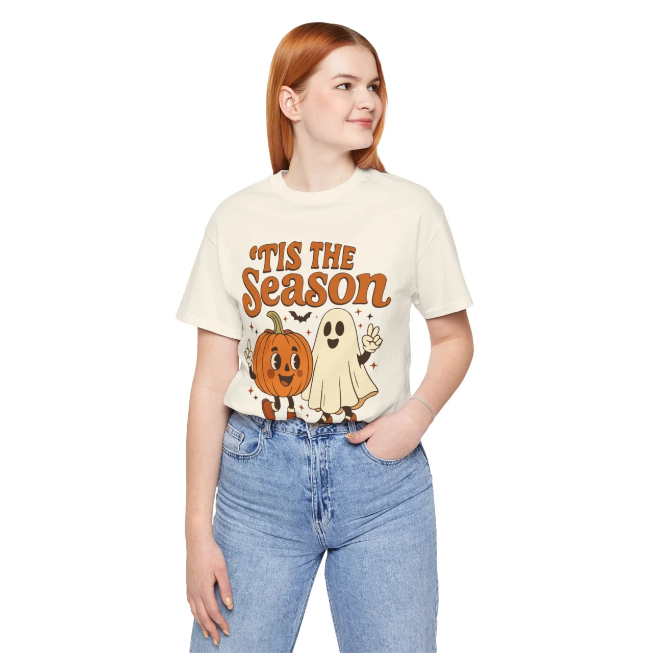 Tis The Season Halloween Pumpkin and Ghost Shirt - Mens Womens Unisex Soft Crewneck Graphic Top Shirt