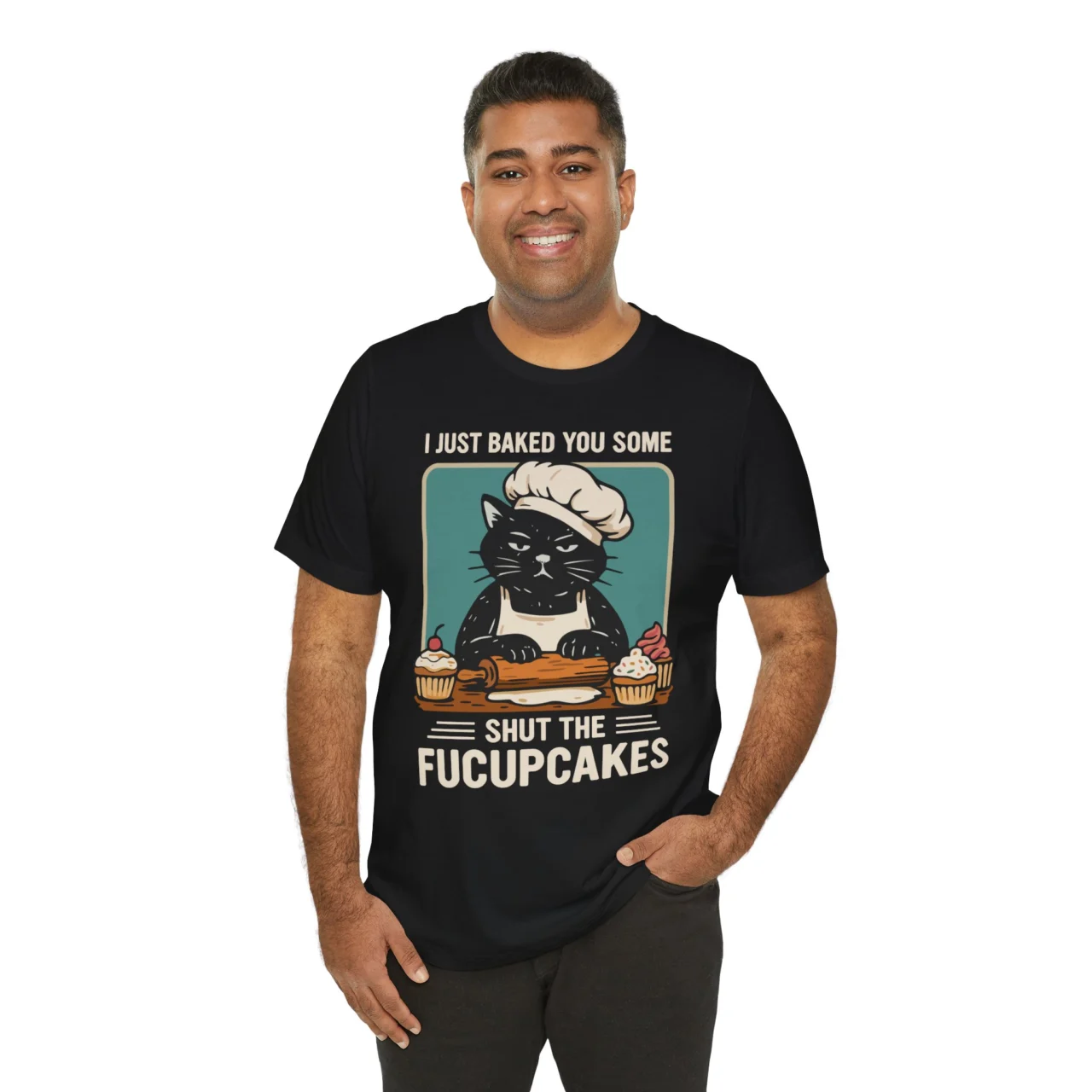 I Just Baked You Some Shut The Fucupcakes Funny Cat Baker Graphic Tee - Sarcastic Baking Shirt - Image 2