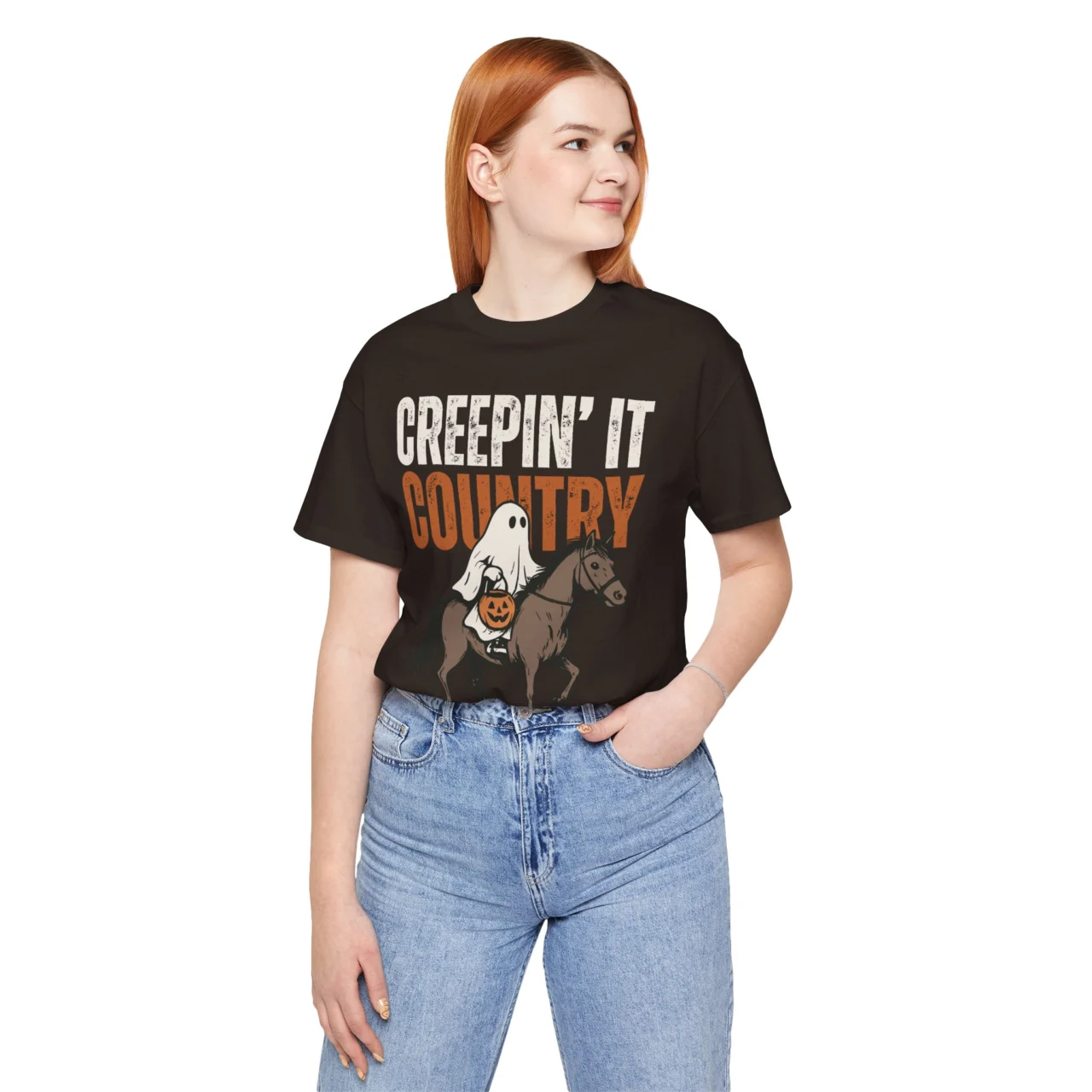 Creepin It Country Halloween Shirt - Western Cowgirl Ghost T-Shirt, Cowboy Pumpkin Graphic Tee, Mens Womens Unisex Soft Crewneck Graphic Top Shirt