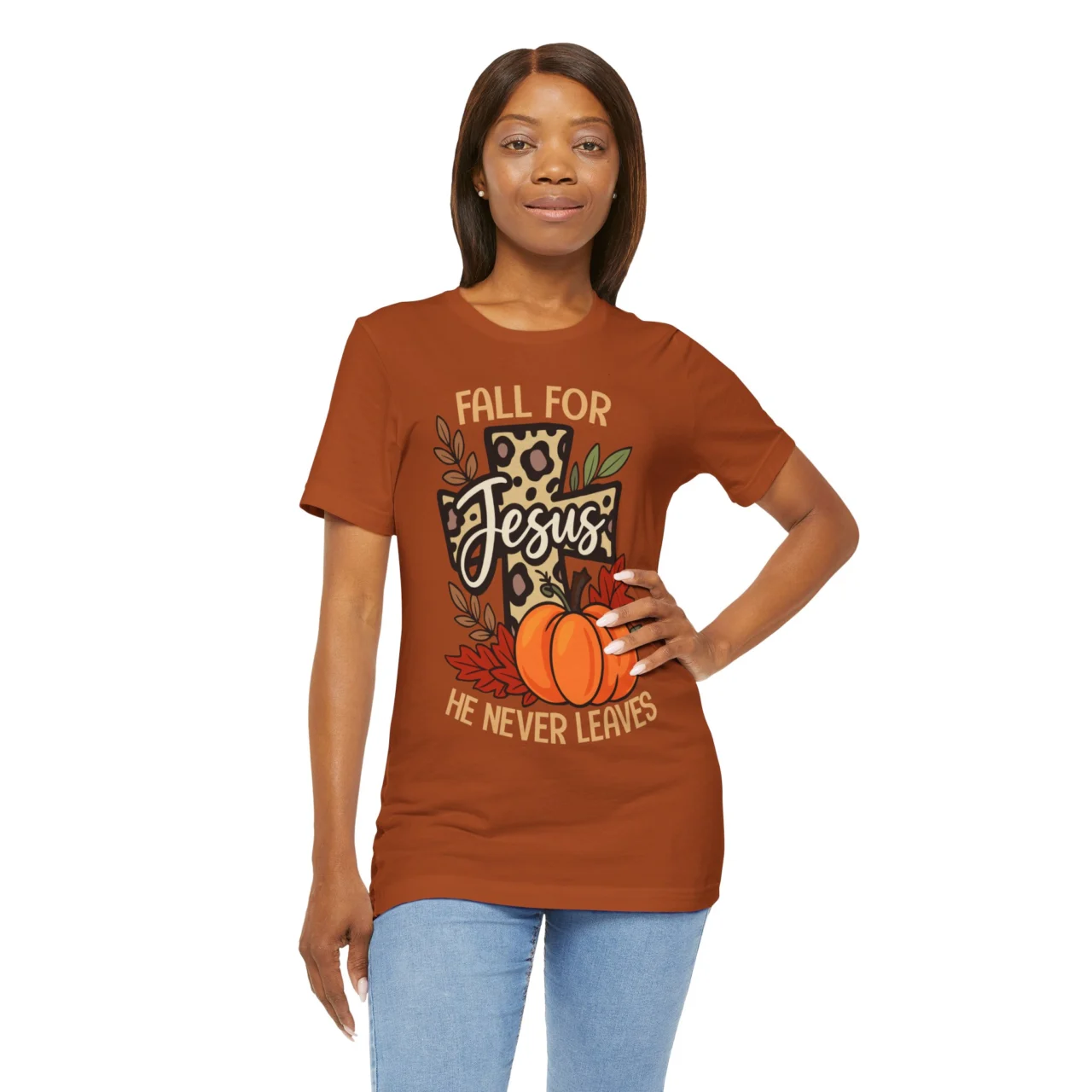 Fall For Jesus He Never Leaves Shirt - Christian Fall Tee, Thanksgiving Family Matching Shirt, Faith Pumpkin T-Shirt, Womens Unisex Soft Crewneck Graphic Top Shirt