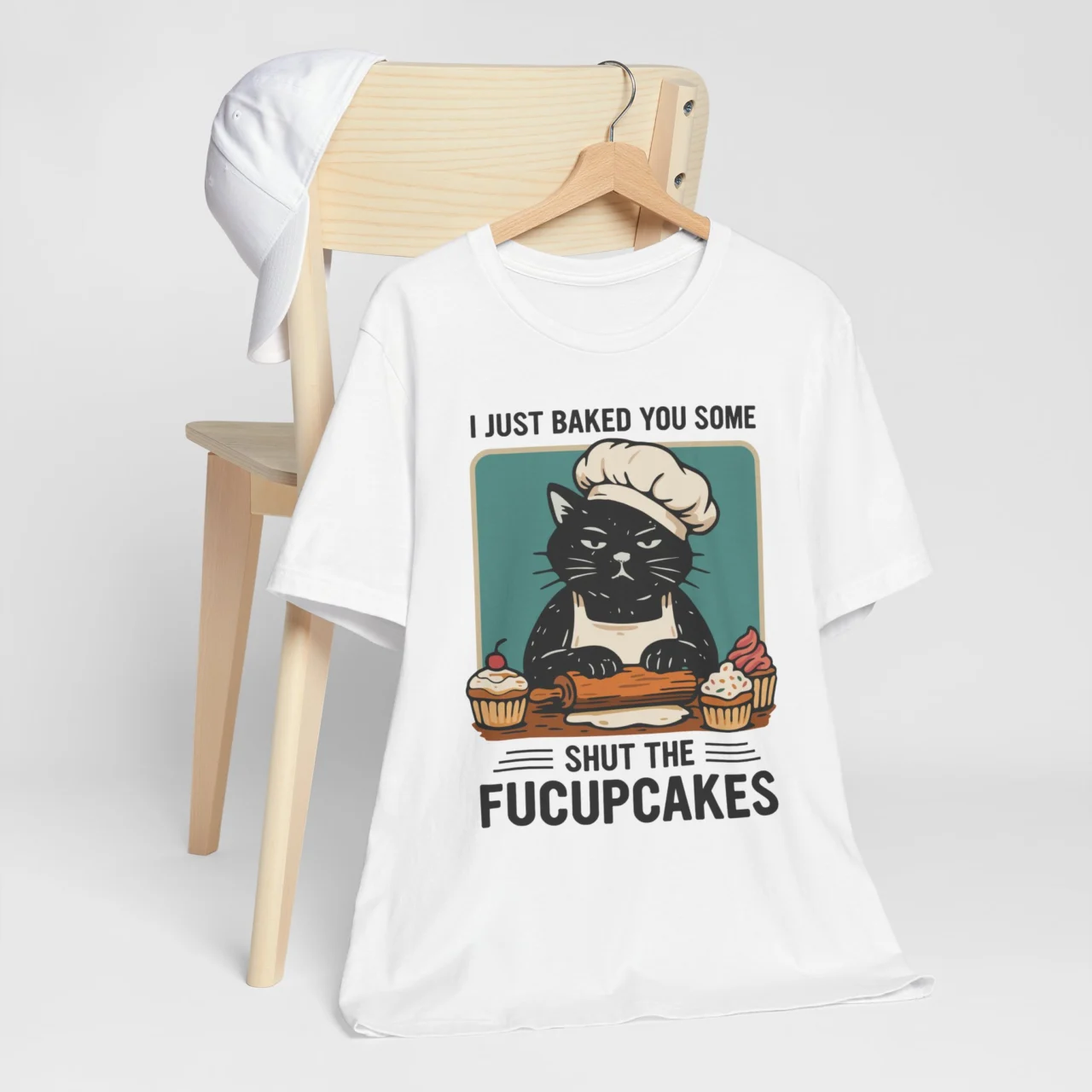 I Just Baked You Some Shut The Fucupcakes Funny Cat Baker Graphic Tee - Sarcastic Baking Shirt - Image 3