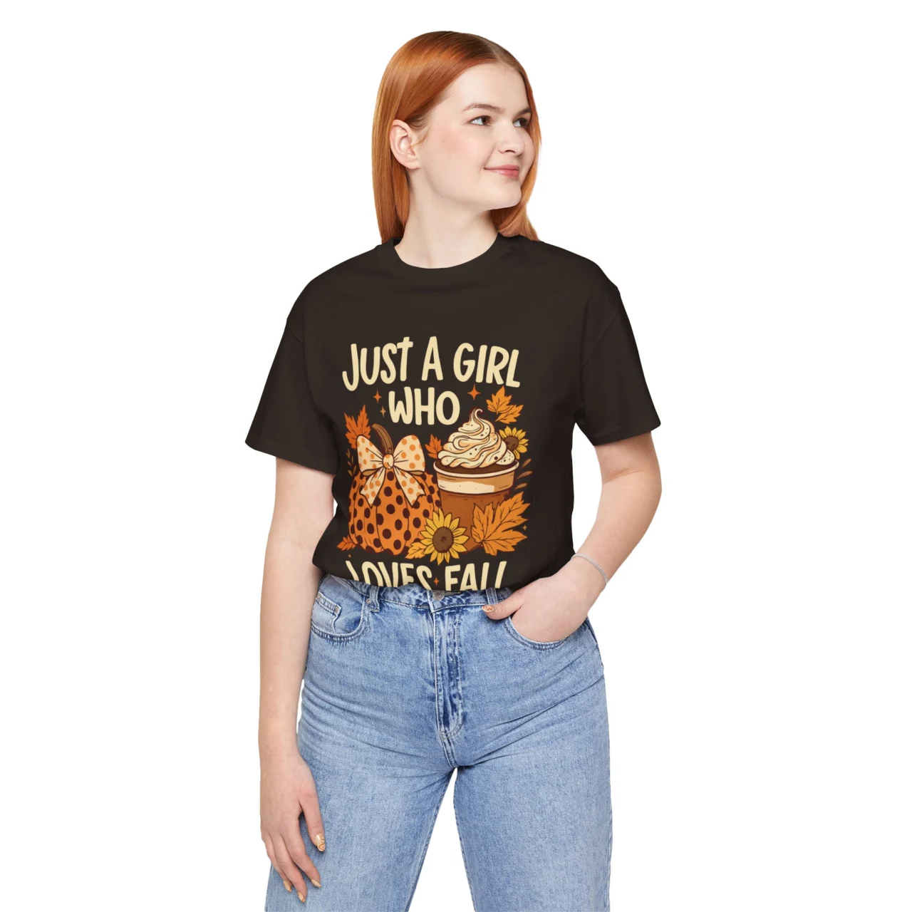 Just a Girl Who Loves Fall Shirt - Pumpkin Spice Autumn Tee, Cozy Fall Vibes T-Shirt, Coffee Lover Shirt, Thanksgiving Outfit Womens Unisex Soft Crewneck Graphic Top Shirt