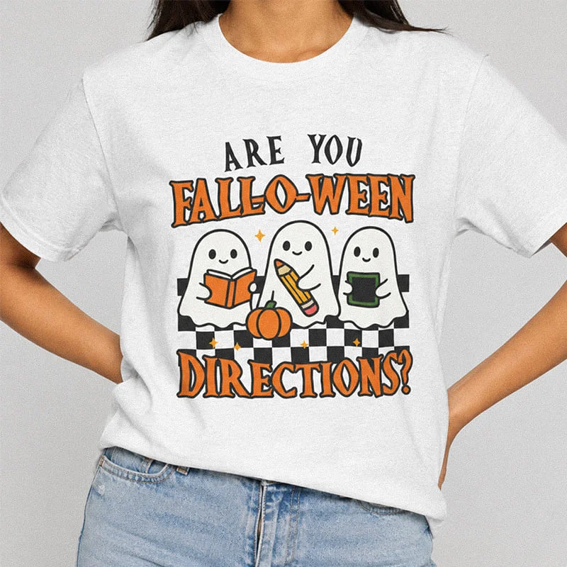 Woman wearing and ash Are You Fall-O-Ween Directions Shirt - Funny Teacher Halloween Ghost Tee featuring cute Halloween ghosts holding school supplies for a funny teacher Halloween ghost tee