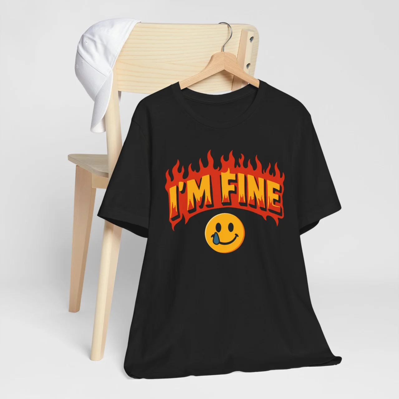 I'm Fine Flaming Smiley Sarcastic Graphic Tee in Black with Orange Fire Text and Crying Smiley