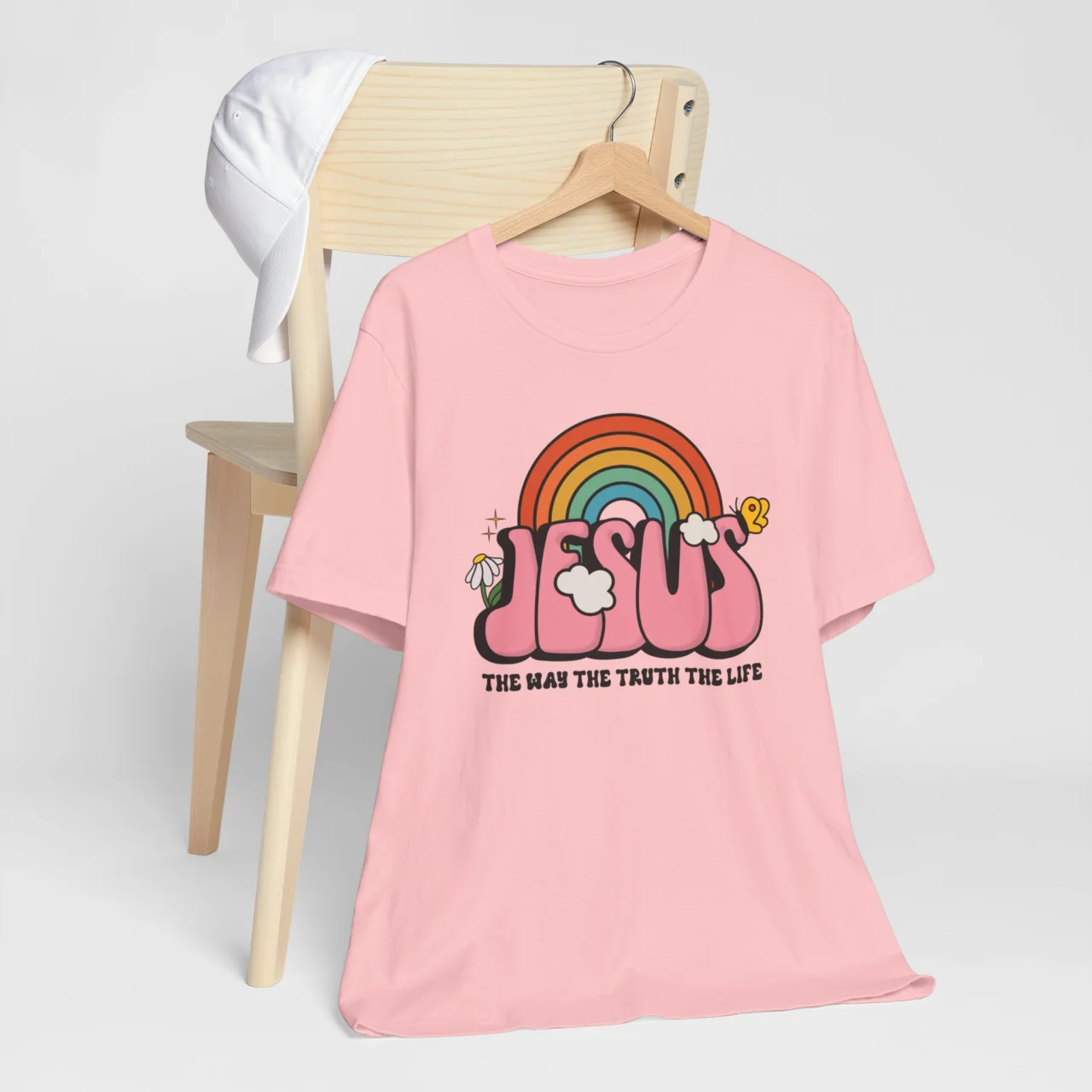 Jesus The Way The Truth The Life Christian Tee, Retro Rainbow Christian Graphic Tee in Pink with Daisy and Butterfly