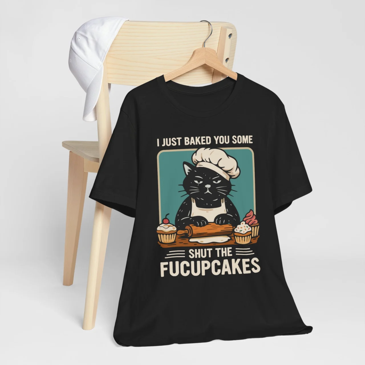 I Just Baked You Some Shut The Fucupcakes Funny Baker Cat Graphic Tee in Black