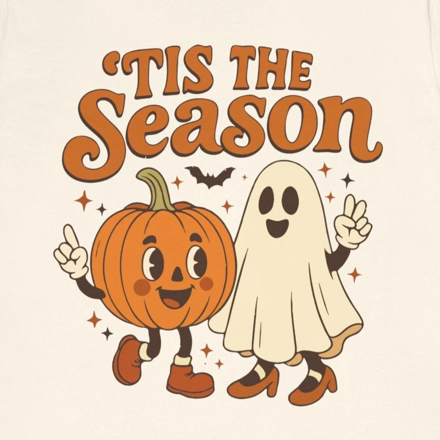 Tis The Season Halloween Pumpkin and Ghost Shirt - Retro Vintage Ghost Pumpkin Graphic Tee, Fall Vibes Shirt Design Idea Inspiration