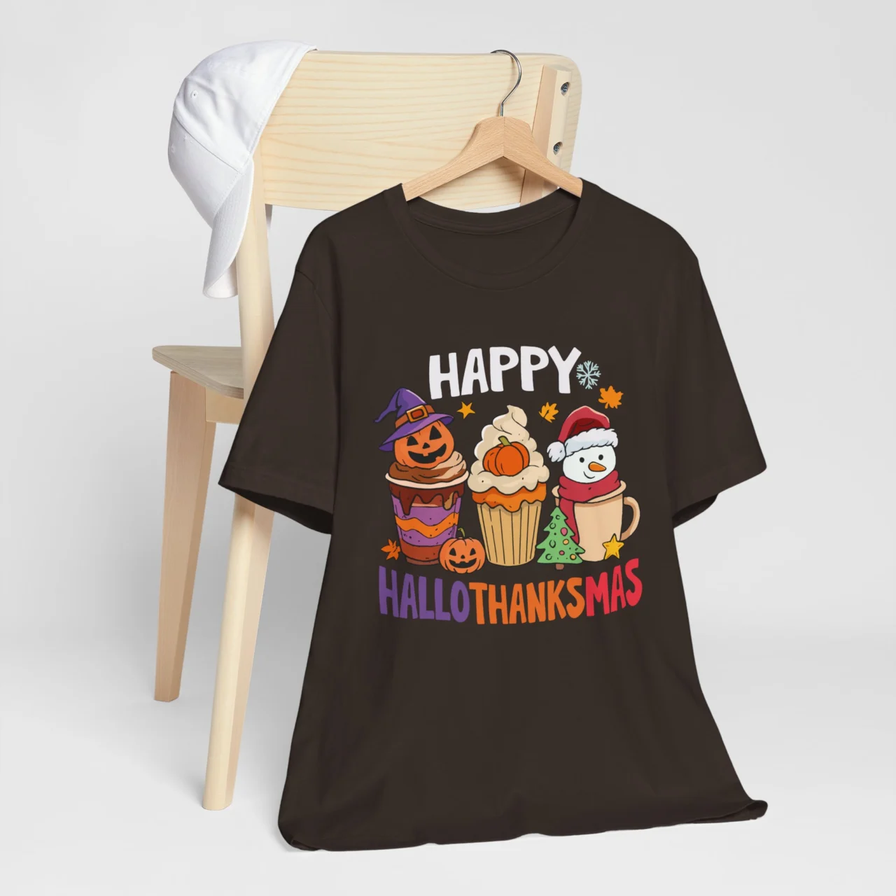 Happy Hallothanksmas Shirt - Funny Fall T-Shirt - Halloween Thanksgiving Christmas Cupcake Design - Image 5