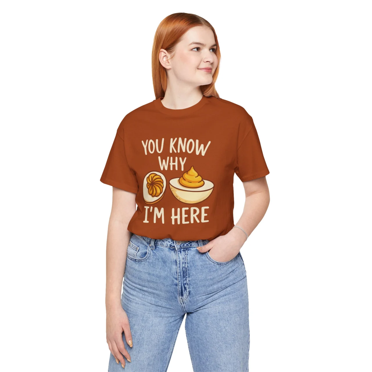 You Know Why I'm Here Deviled Egg Shirt - Funny Thanksgiving Foodie T-Shirt - Mens Womens Unisex Soft Crewneck Graphic Top Shirt