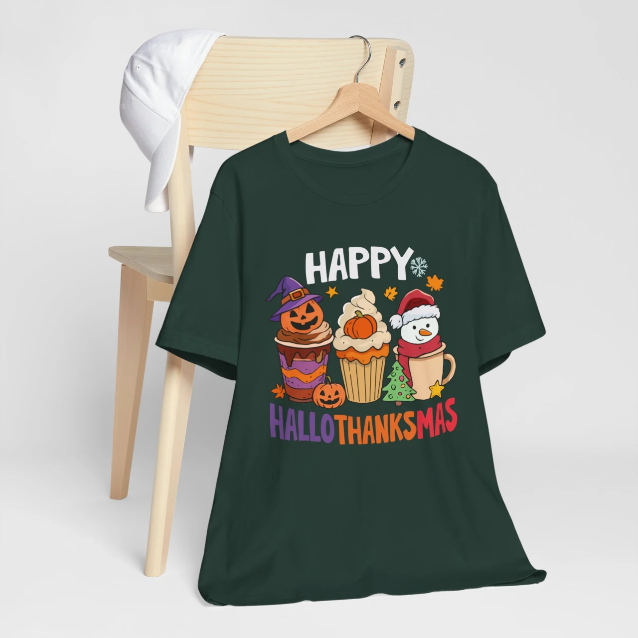 Happy Hallothanksmas Shirt - Funny Fall T-Shirt - Halloween Thanksgiving Christmas Cupcake Design - Image 7