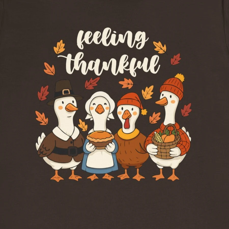 Feeling Thankful Geese Shirt - Cute Thanksgiving Pilgrim T-Shirt - Image 10