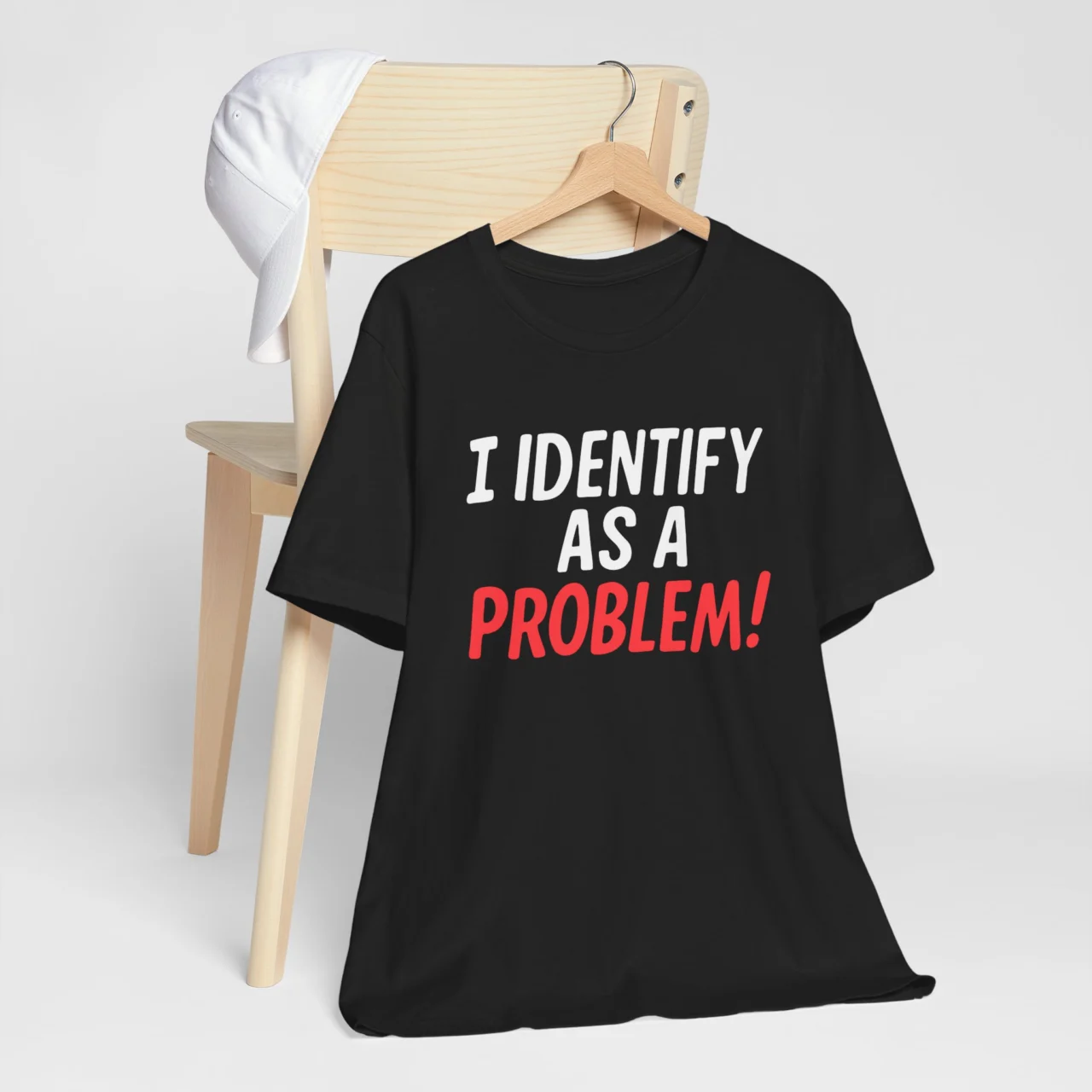 I Identify As A Problem Funny Sarcastic Tee, Bold Graphic Shirt in Black with Red Text
