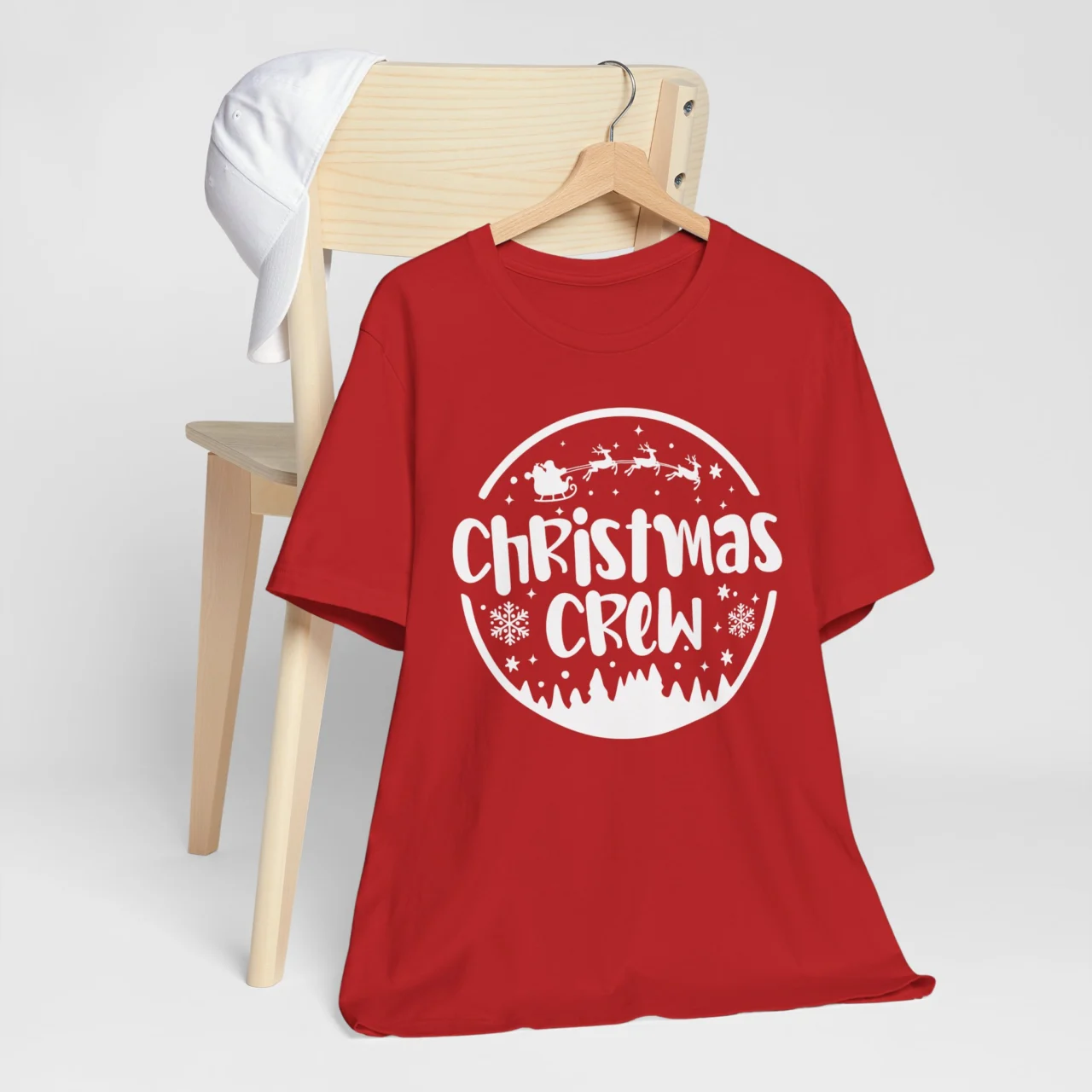Christmas Crew Shirt in white circular design with Santa and his sleigh, a Matching Family Squad Holiday T-Shirt.