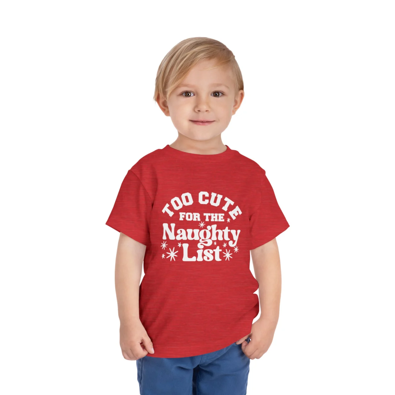 Too Cute for the Naughty List Shirt in white festive text on a red toddler t-shirt, an adorable Kids Toddler Christmas Tee design.