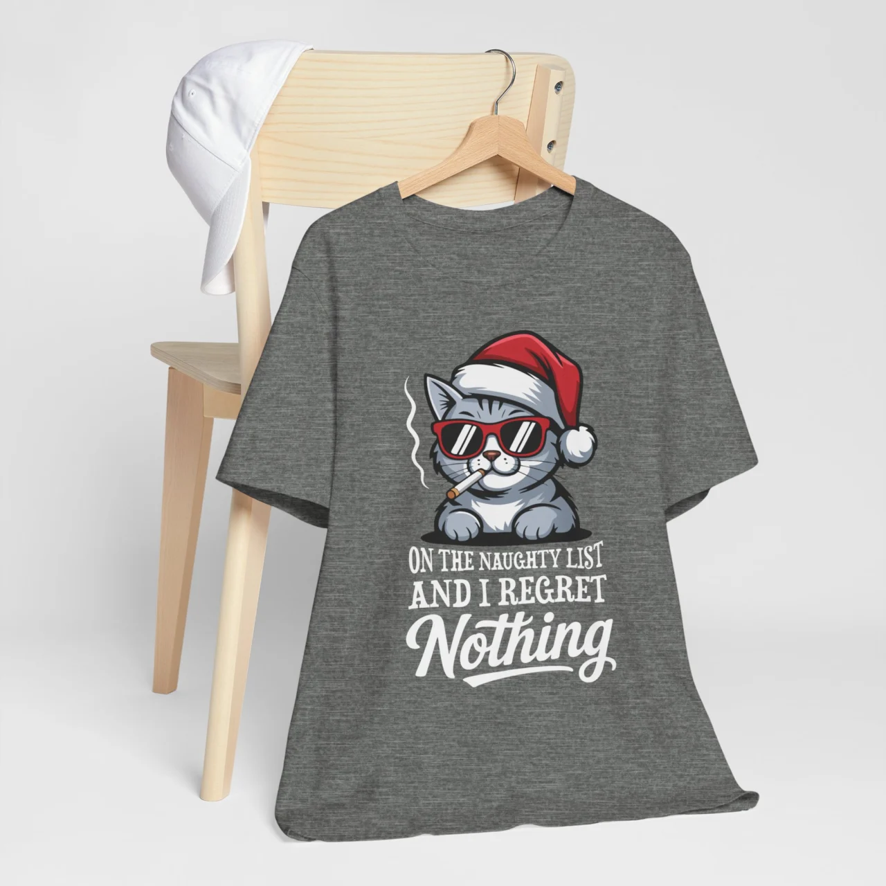 Funny Sarcastic Cat Christmas Tee - On The Naughty List And I Regret Nothing Shirt - Image 3