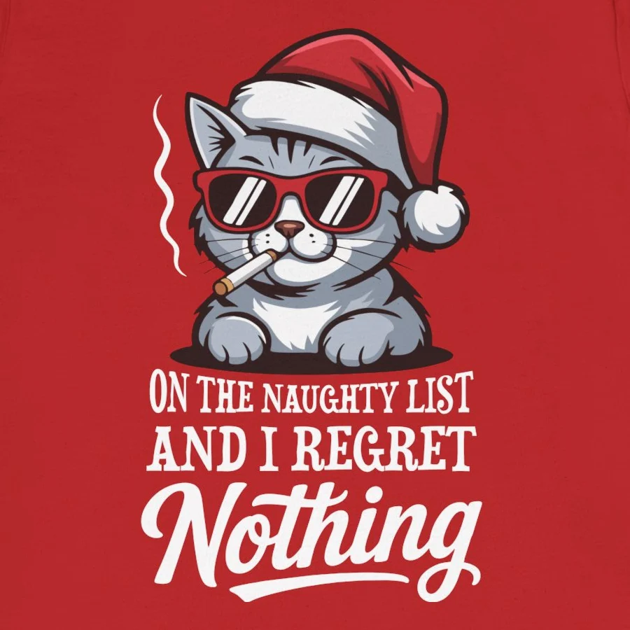 Funny Sarcastic Cat Christmas Tee - On The Naughty List And I Regret Nothing Shirt - Image 7