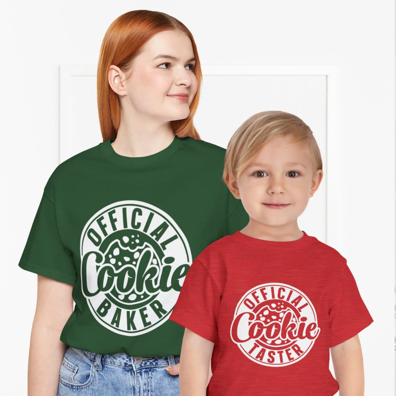 Official Cookie Baker and Taster Matching Shirts set - (adult size, dark green) and (toddler size, red) displayed together, a perfect Family Christmas Set for holiday baking.