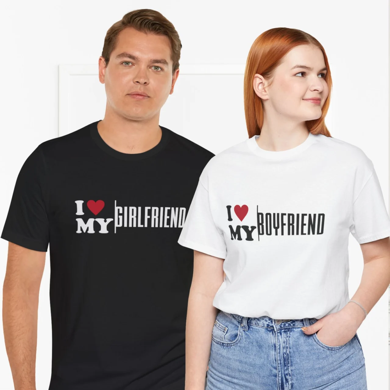 I Love My Girlfriend & Boyfriend Matching Shirts Set, featuring a man in a black 'I love MY GIRLFRIEND' tee and a woman in a white 'I love MY BOYFRIEND' tee.