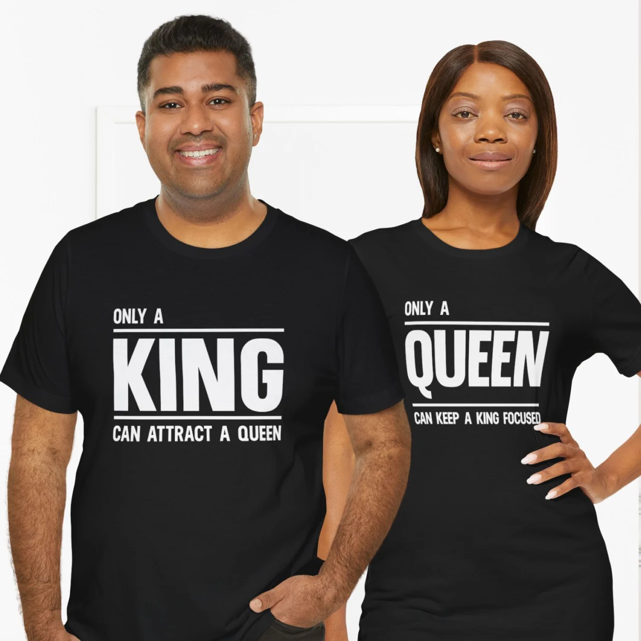 King and Queen Matching Shirts Set, Power Couple Shirts, featuring a man and woman in black t-shirts with bold white block lettering.